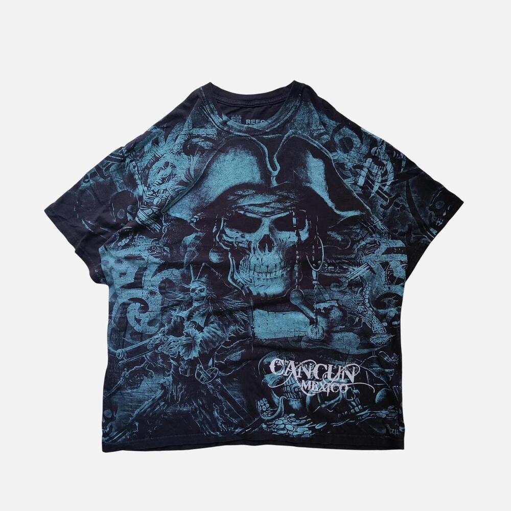 Y2K Reec Cancun Mexico Pirate Skull Cotton T-Shirt with blue skull AOP graphic